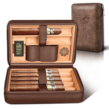 Dark Brown Leather Wooden Travel Case with 10 cigars