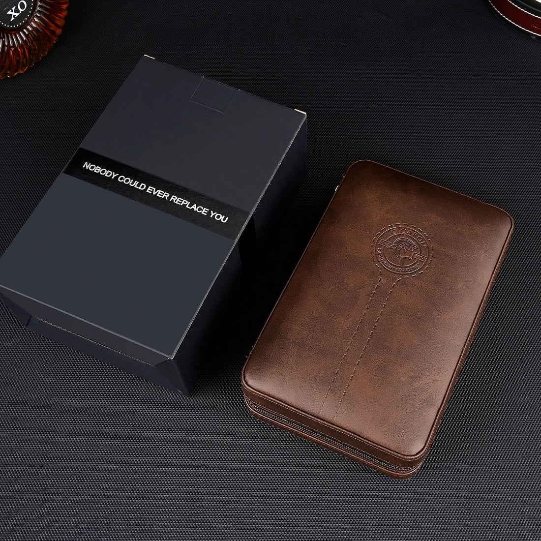Dark Brown Leather Wooden Travel Case with 10 cigars