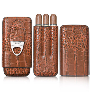Crocodile Pattern Leather 3-Cigar Travel Case with 3 cigars