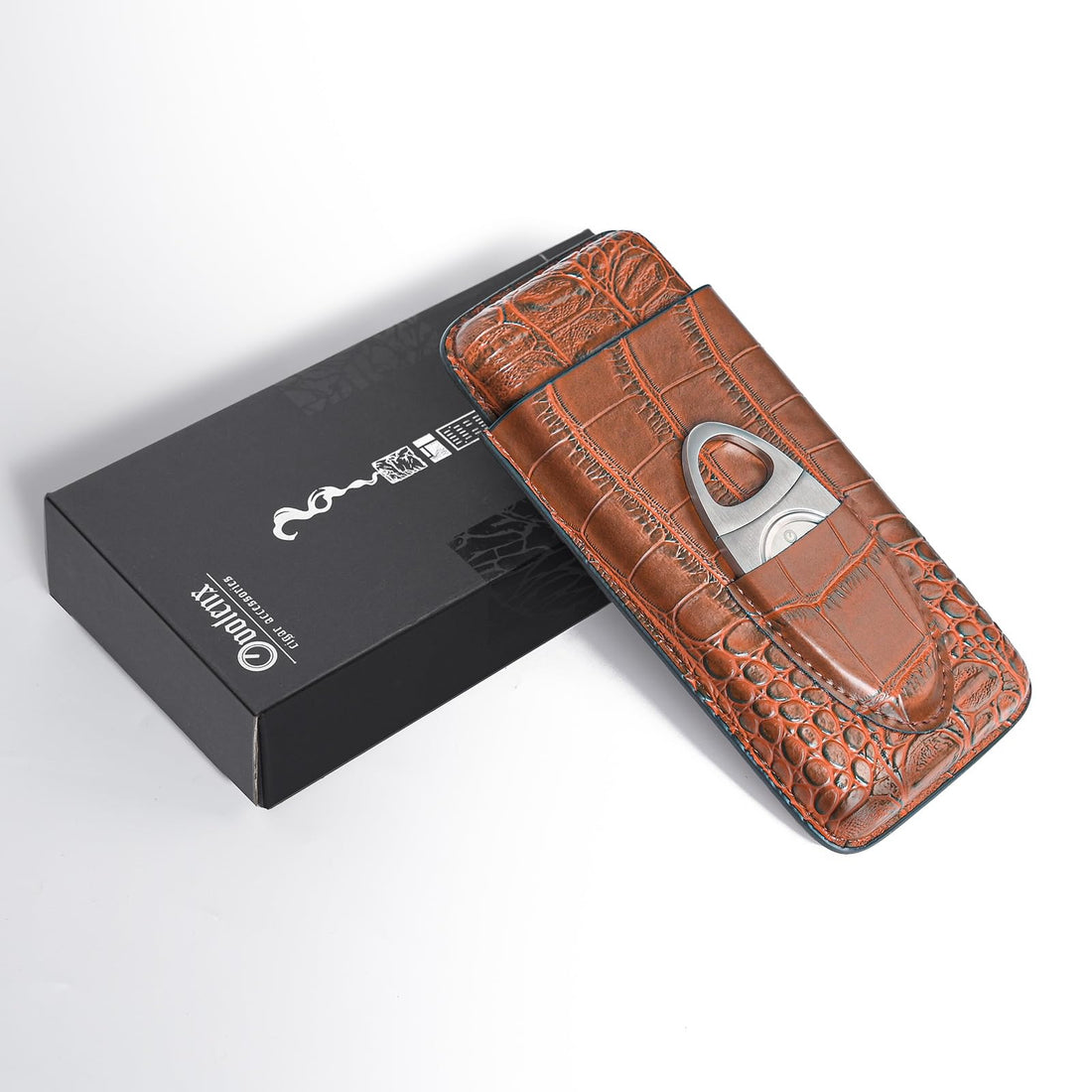 Crocodile Pattern Leather 3-Cigar Travel Case with 3 cigars