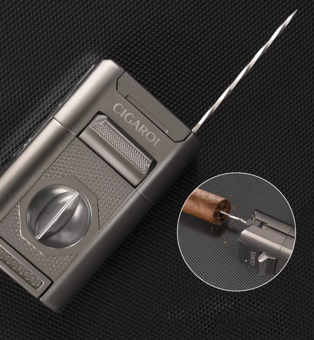 CIGAROL Refillable 7-in-1 Cigar Torch Lighter, Quad Blue Jet Flame with Built-in Cutter & Cigar Holder