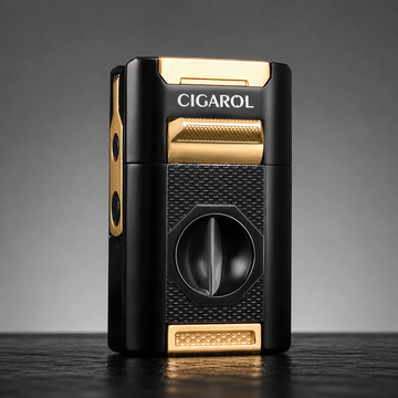 CIGAROL Refillable 7-in-1 Cigar Torch Lighter, Quad Blue Jet Flame with Built-in Cutter & Cigar Holder