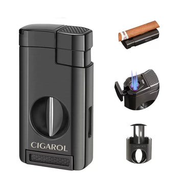 Refillable 3-in-1 Cigar Torch Lighter, Tri Blue Jet Flame with Built-in Cutter & Cigar Holder