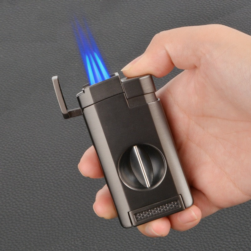 Refillable 3-in-1 Cigar Torch Lighter, Tri Blue Jet Flame with Built-in Cutter & Cigar Holder